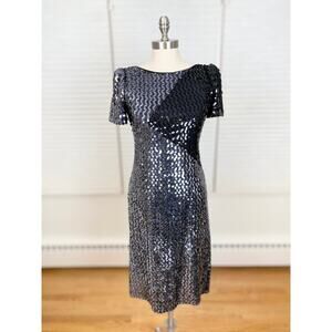 Vintage Sequin Sheath Dress, Black Silver, Size S M, Disco NYE Cocktail Party